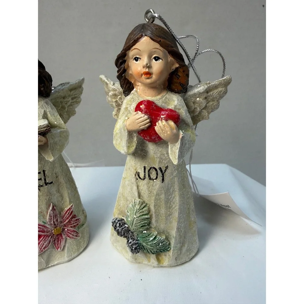 Set of 2 Christmas Angel Flower Ornaments Noel Joy Resin Figures Cream 4 Inch